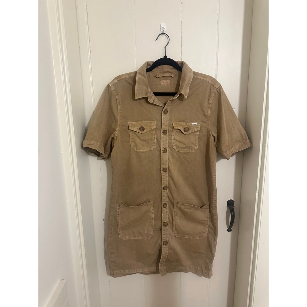 Mother The Wrapped Up Mini Dress Button Up Tan Utility Button Front Short Sleeve